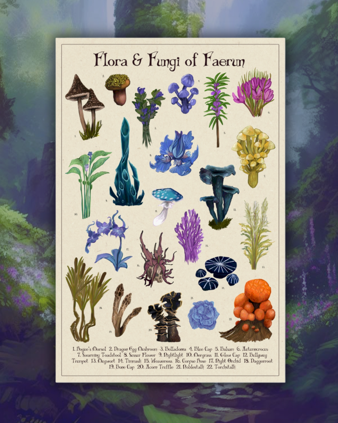 Flora & Fungi of Faerun | Botanical Fan Art Illustration | Baldur's Gate inspired Fantasy Botany